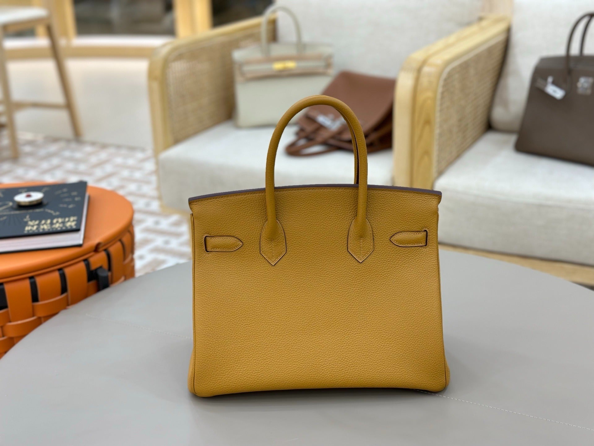 Birkin Style Handbag 30cm | Mustard Yellow Grained Leather | Gold Hardware