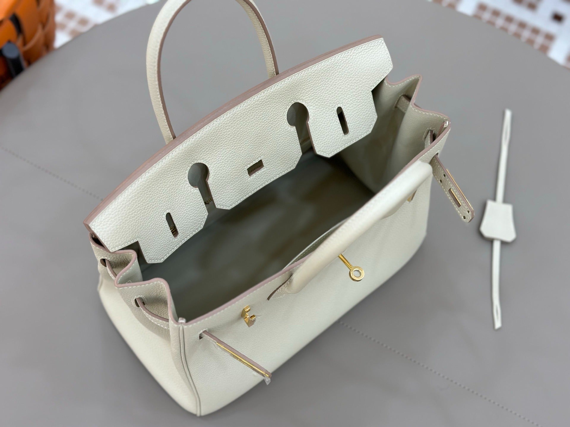 Birkin Style Handbag 30cm | Creamy Off-White Grained Leather | Gold Hardware