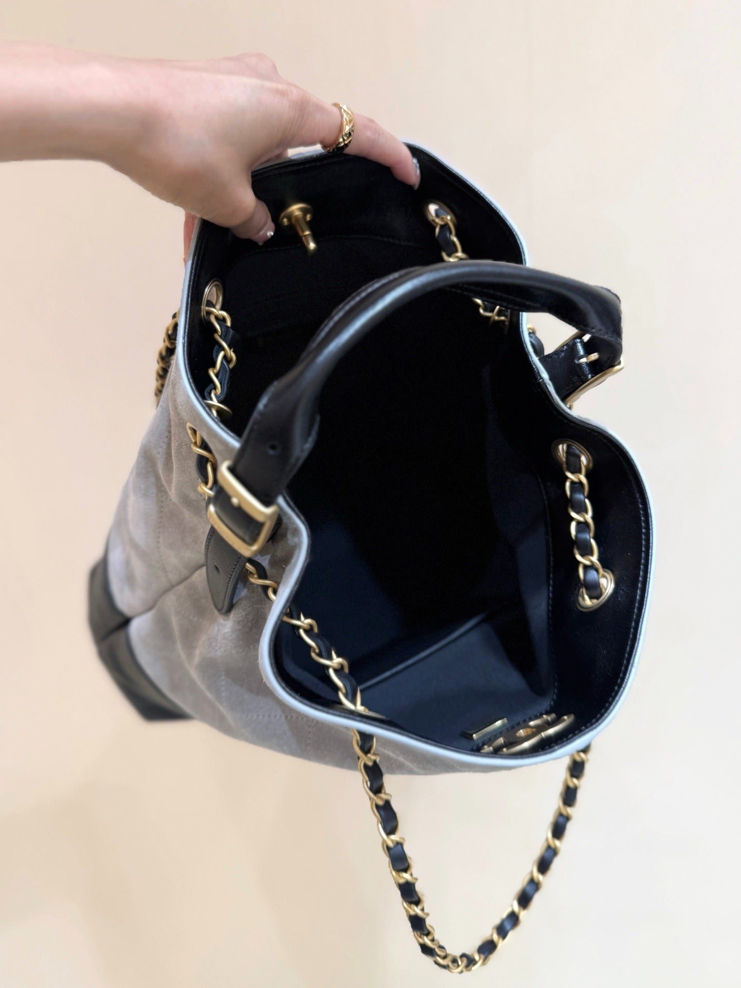 Chanel Gabrielle Hobo Bag | Grey Suede Black Quilted Leather Gold Chain