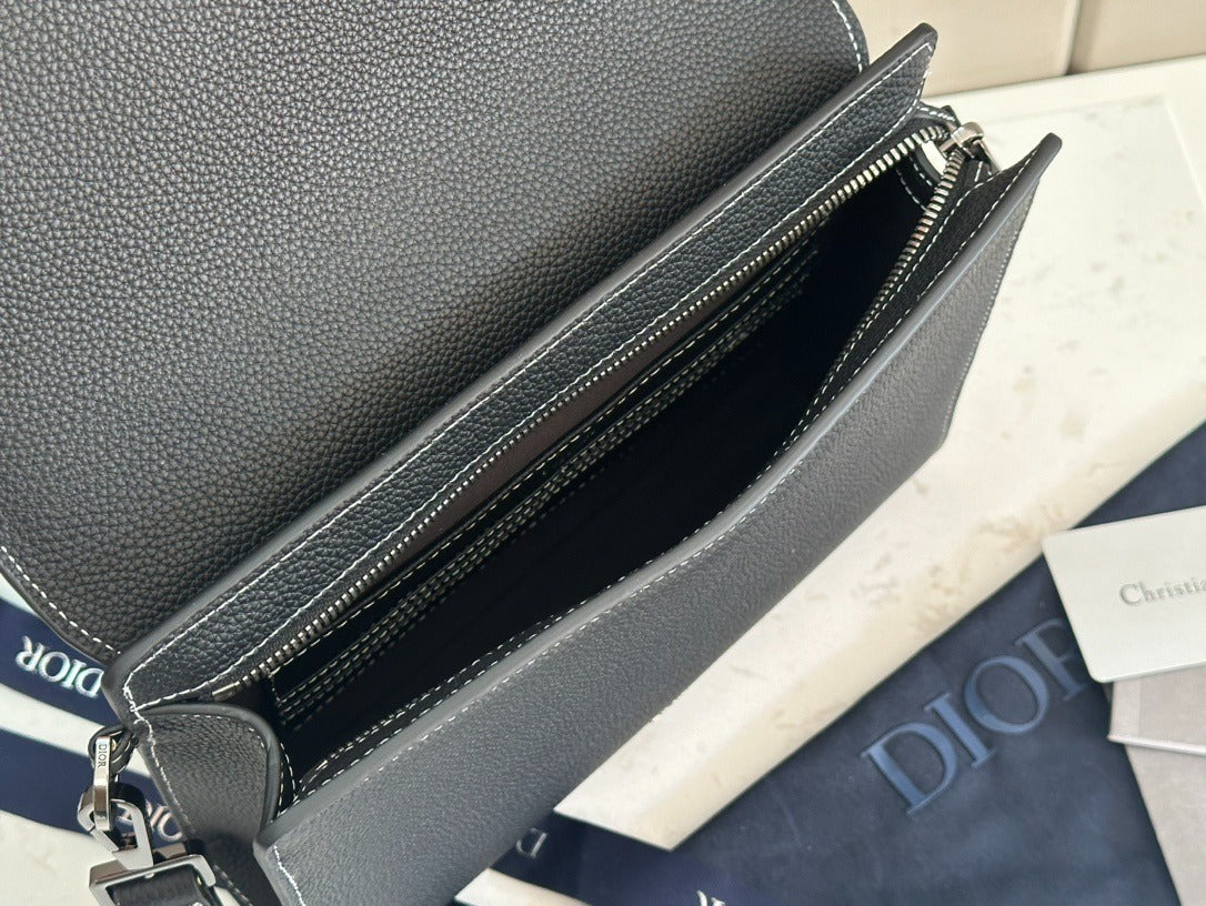Christian Dior Style Flap Pouch | Black Grained Leather Contrasting Stitch