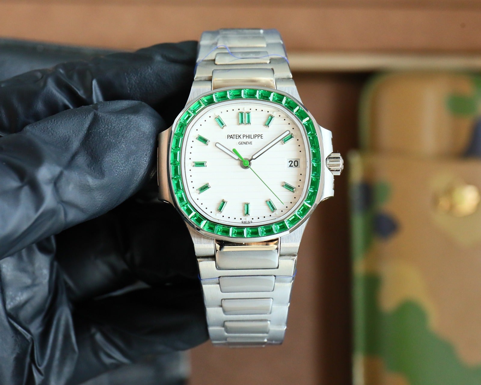 Patek Philippe Nautilus Style Automatic Watch | Emerald Bezel, Stainless Steel