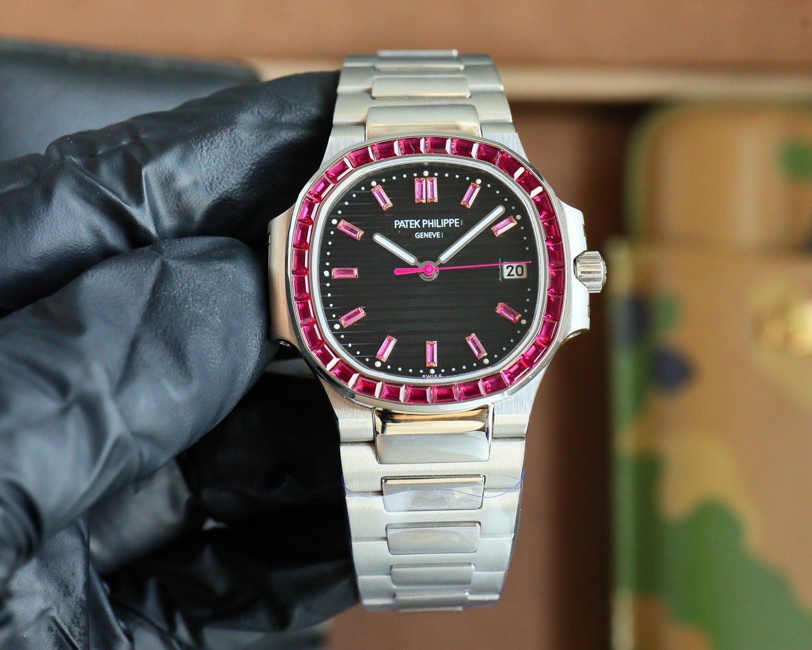 Patek Philippe Nautilus Style Automatic Watch | Ruby-Set Bezel, Rose Gold & Steel