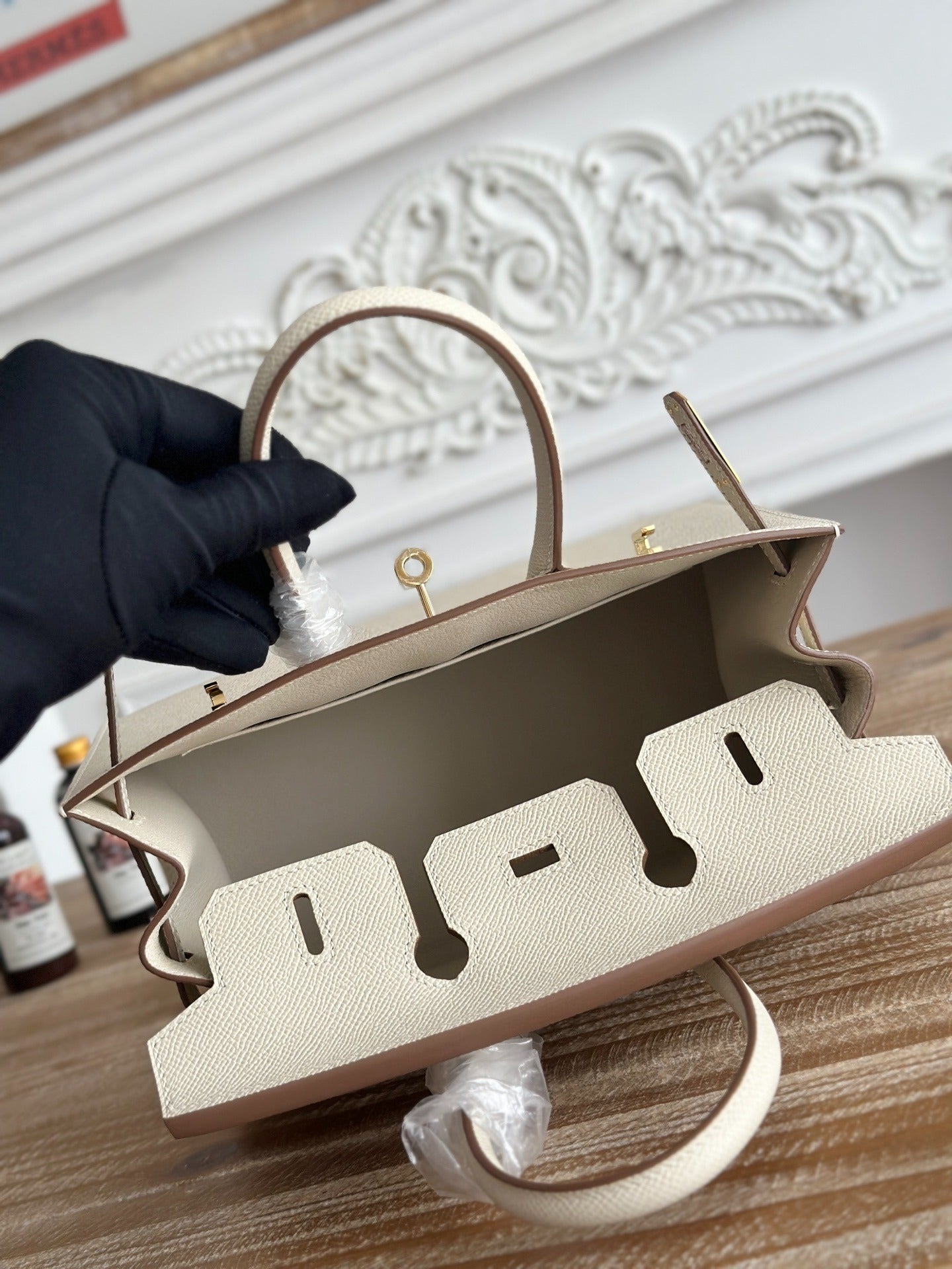 Birkin Style Handbag | 25cm Epsom Leather Tote | Creamy Off-White, Gold Hardware