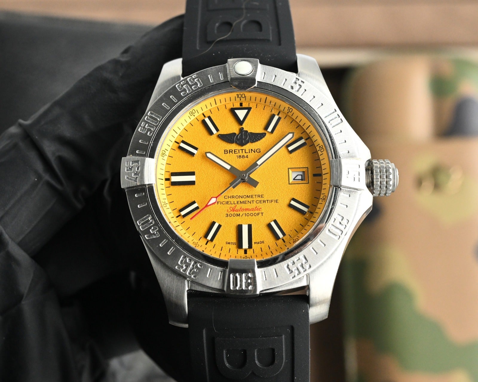 Breitling Super Avenger Automatic Watch 44mm | Black, Yellow Dial | Rubber & Fabric Strap