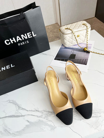 Chanel Beige & Black Cap-Toe Slingback Heels