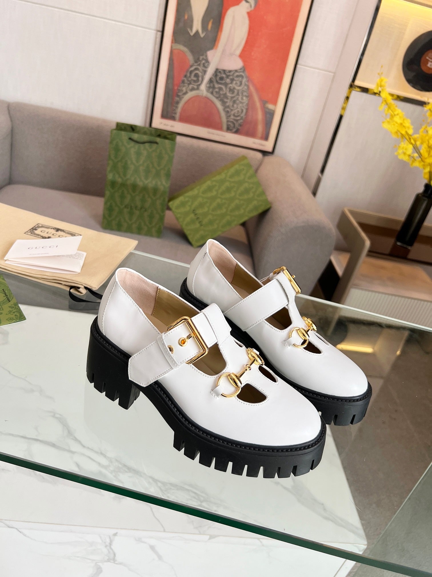 Gucci White Leather Mary Jane Platform Shoes with Horsebit Detail
