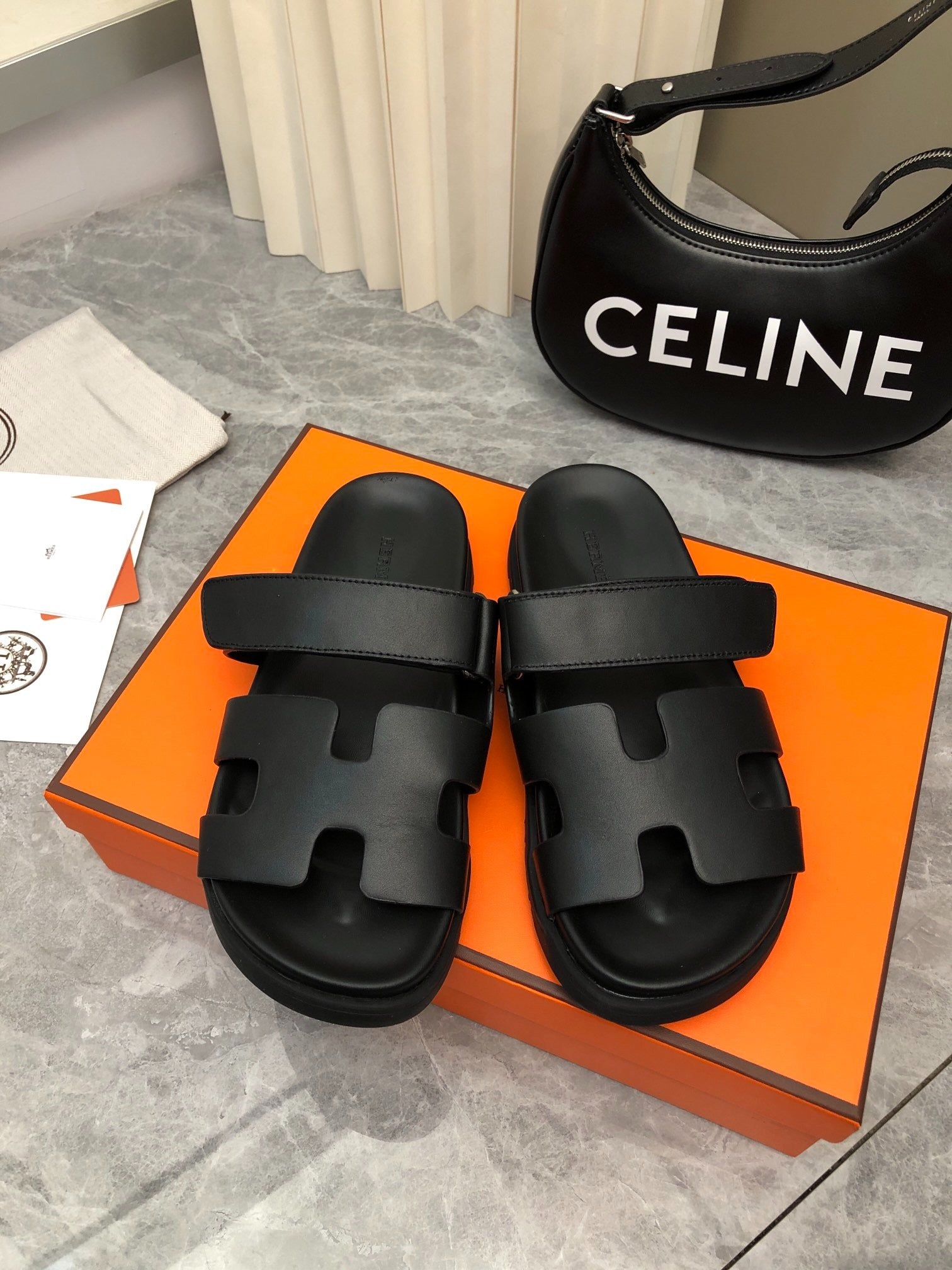 Hermès Chypre Black Leather Sandals with Adjustable Strap