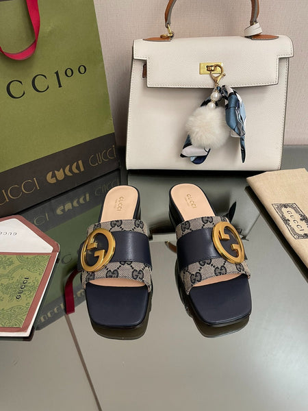 Gucci GG Canvas & Navy Leather Interlocking G Logo Mules