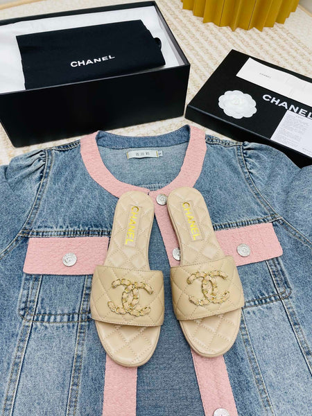 Chanel Beige Quilted Leather CC Logo Slide Sandals