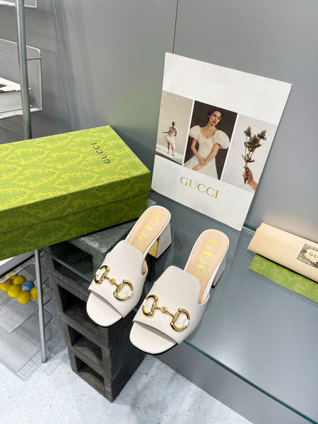Gucci White Leather Horsebit Block Heel Mules