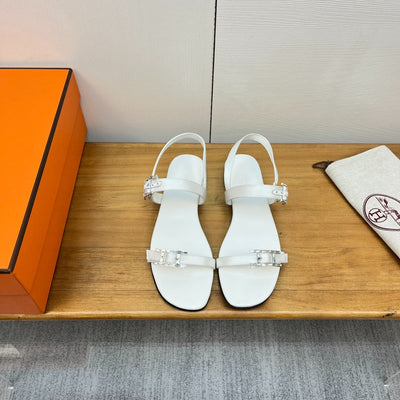 Hermes Oasis White Leather Sandals with Silver Buckles
