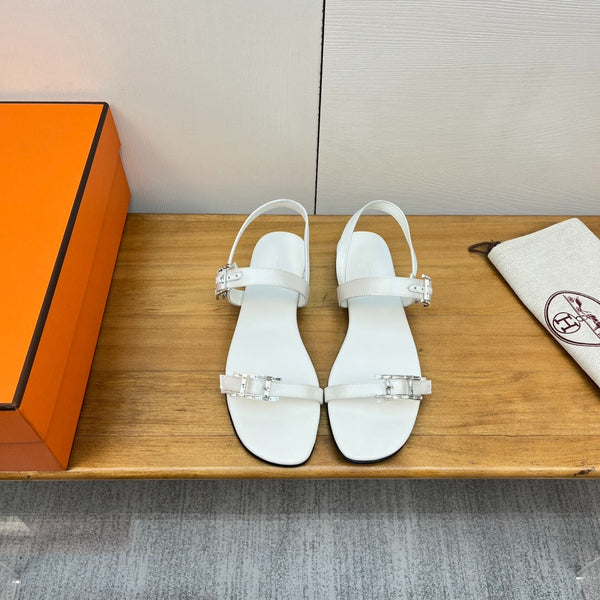 Hermes Oasis White Leather Sandals with Silver Buckles