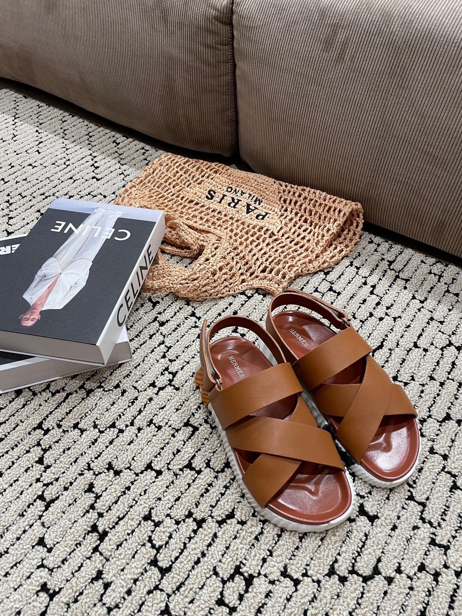 Hermès Tan Leather Cross-Strap Platform Sandals