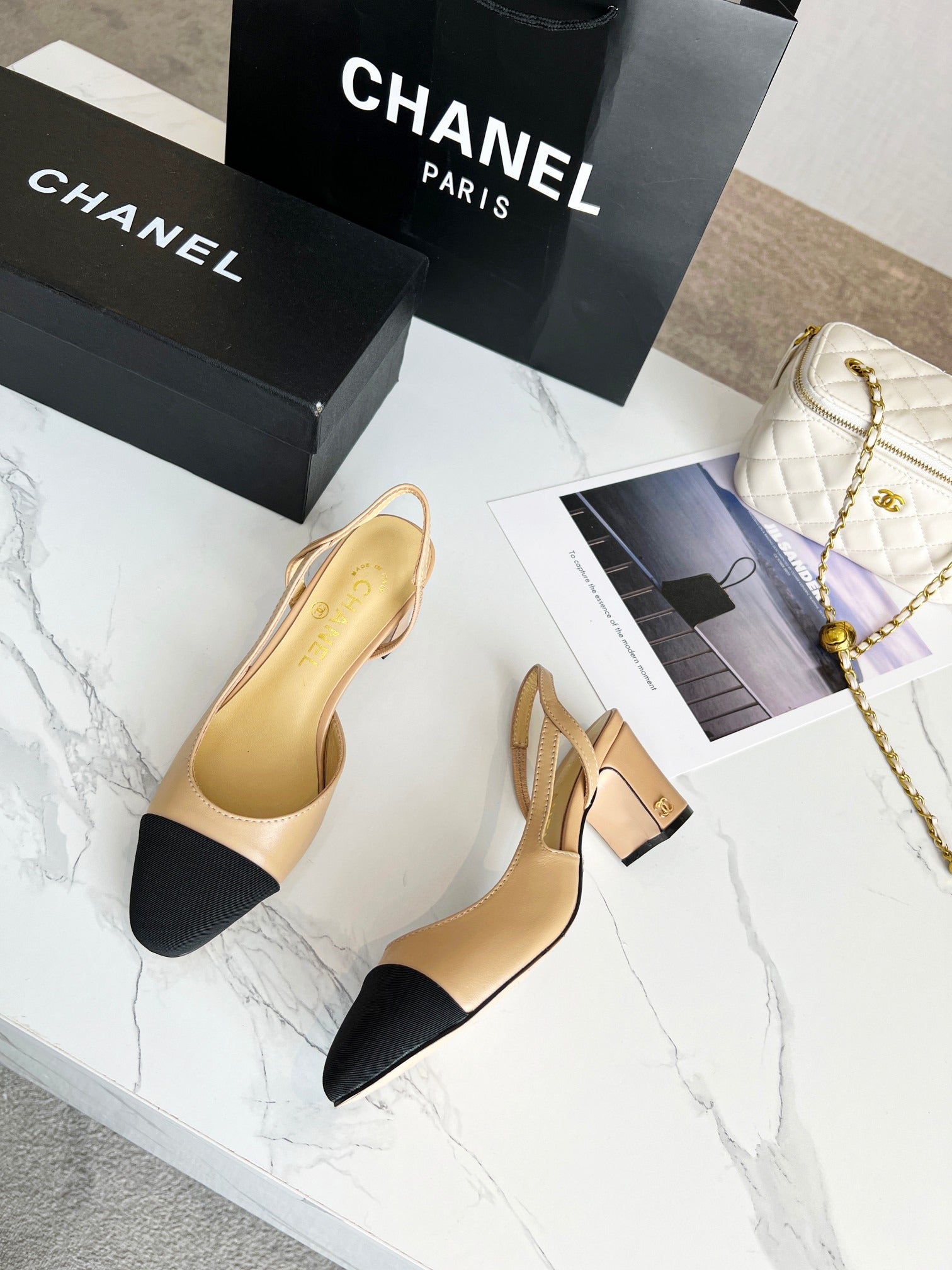 Chanel Beige & Black Cap-Toe Slingback Heels