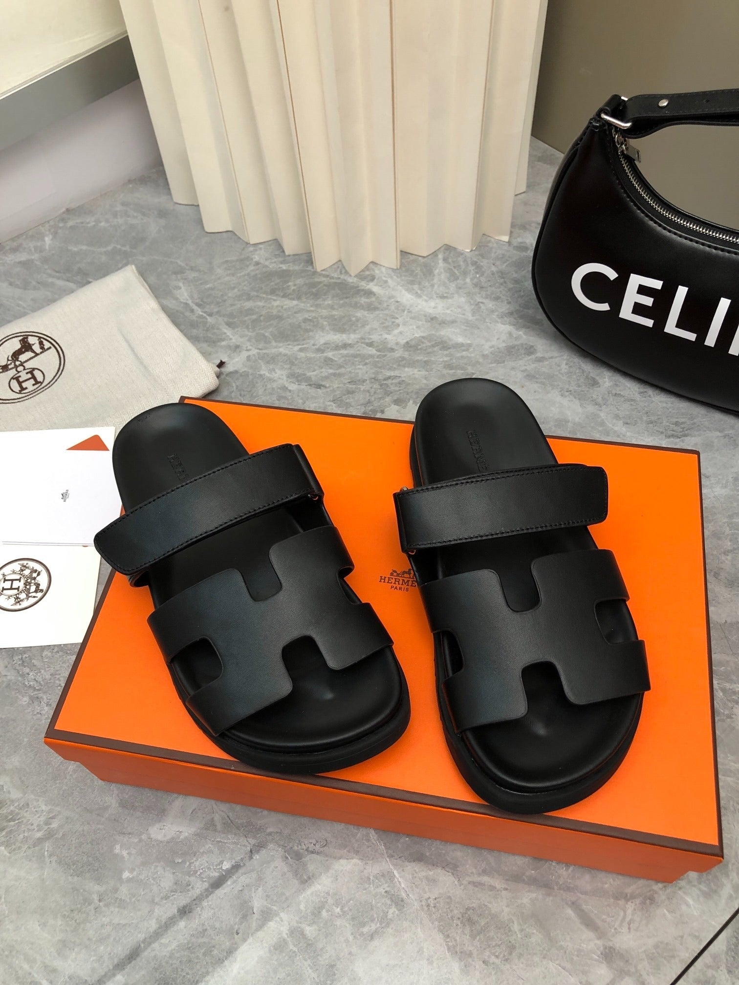 Hermès Chypre Black Leather Sandals with Adjustable Strap