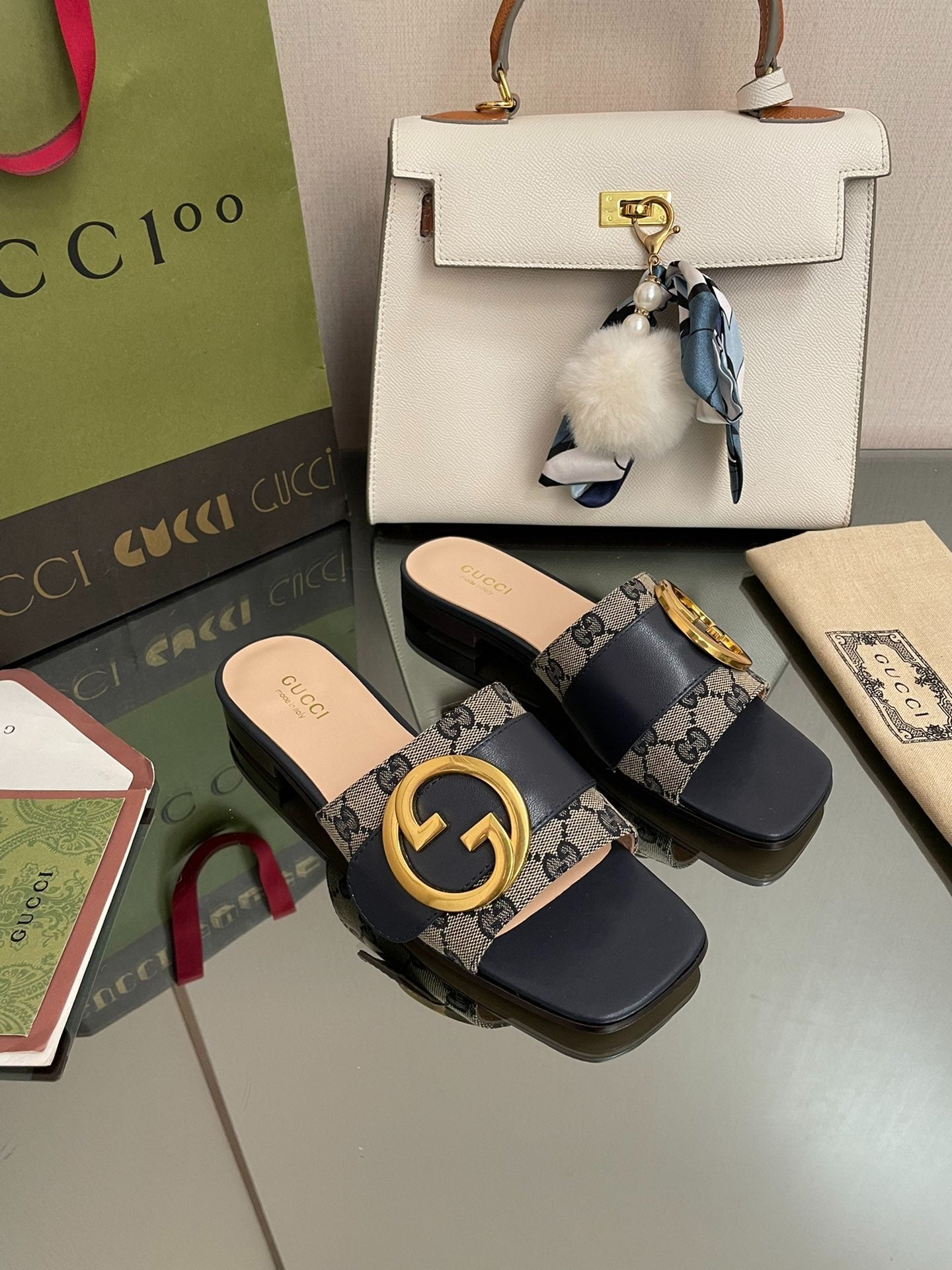 Gucci GG Canvas & Navy Leather Interlocking G Logo Mules