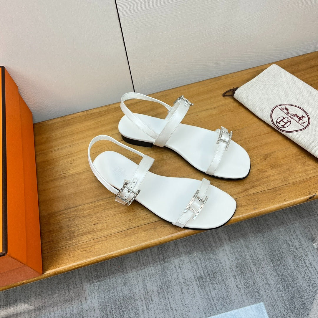 Hermes Oasis White Leather Sandals with Silver Buckles