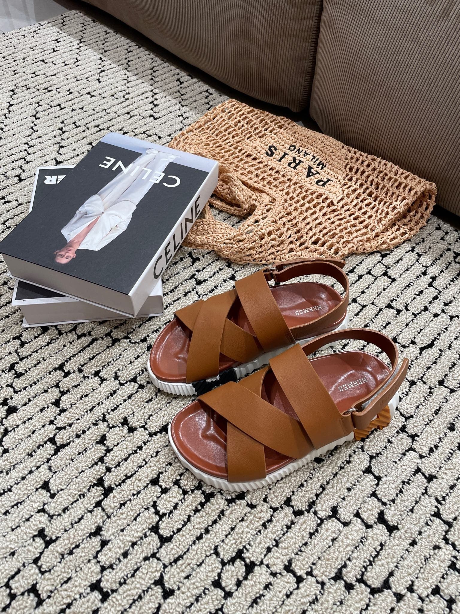 Hermès Tan Leather Cross-Strap Platform Sandals