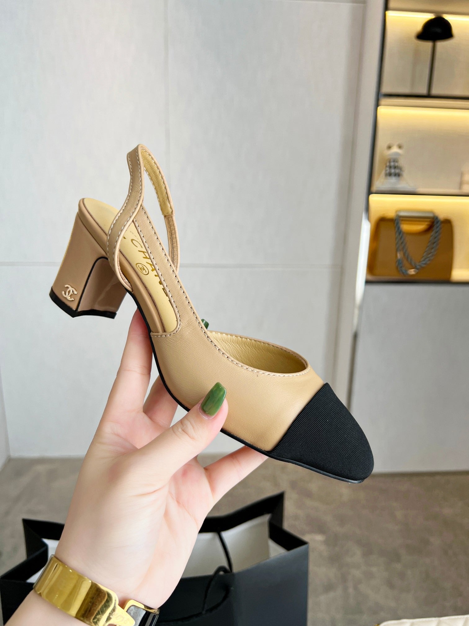 Chanel Beige & Black Cap-Toe Slingback Heels