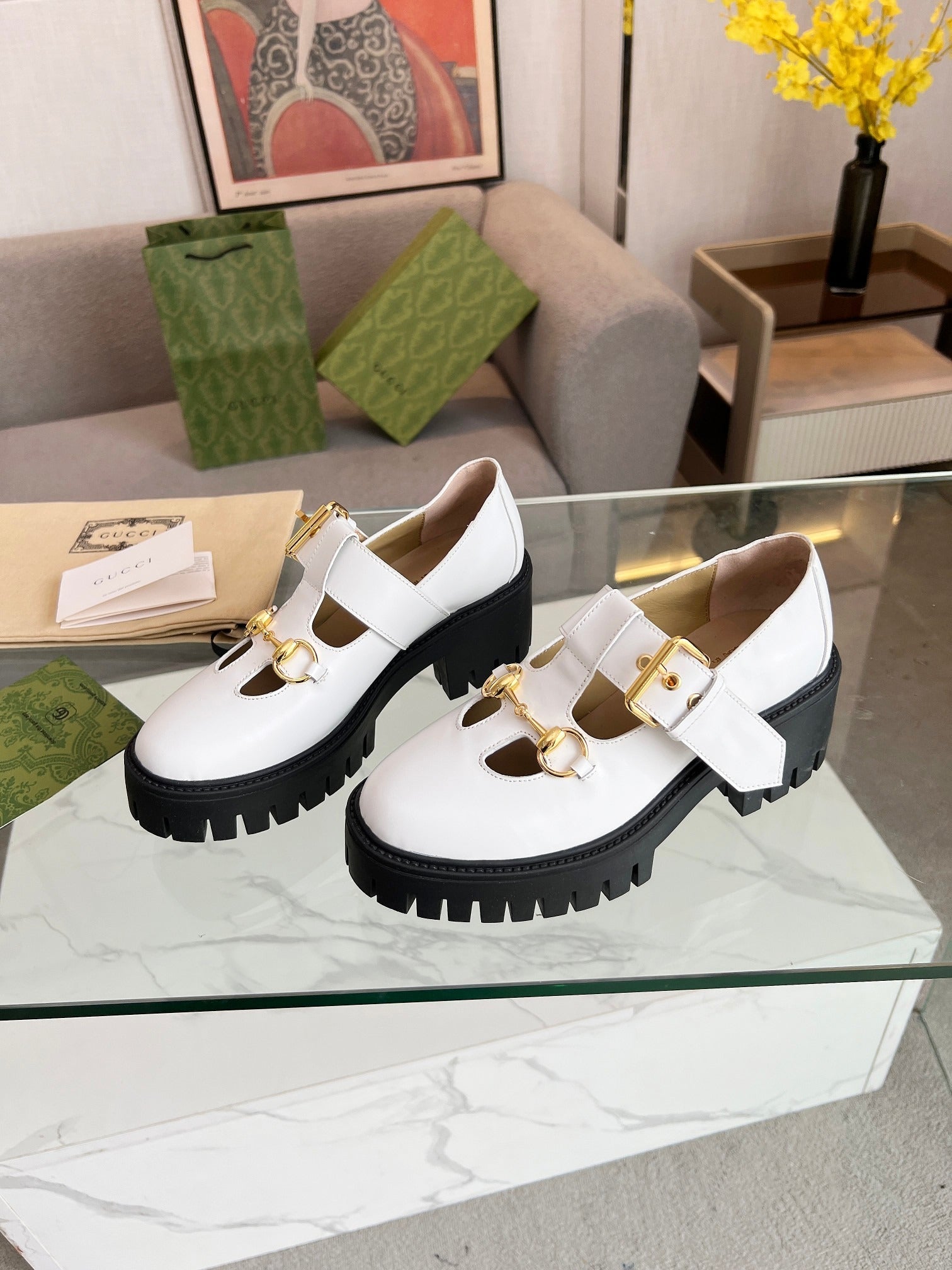 Gucci White Leather Mary Jane Platform Shoes with Horsebit Detail