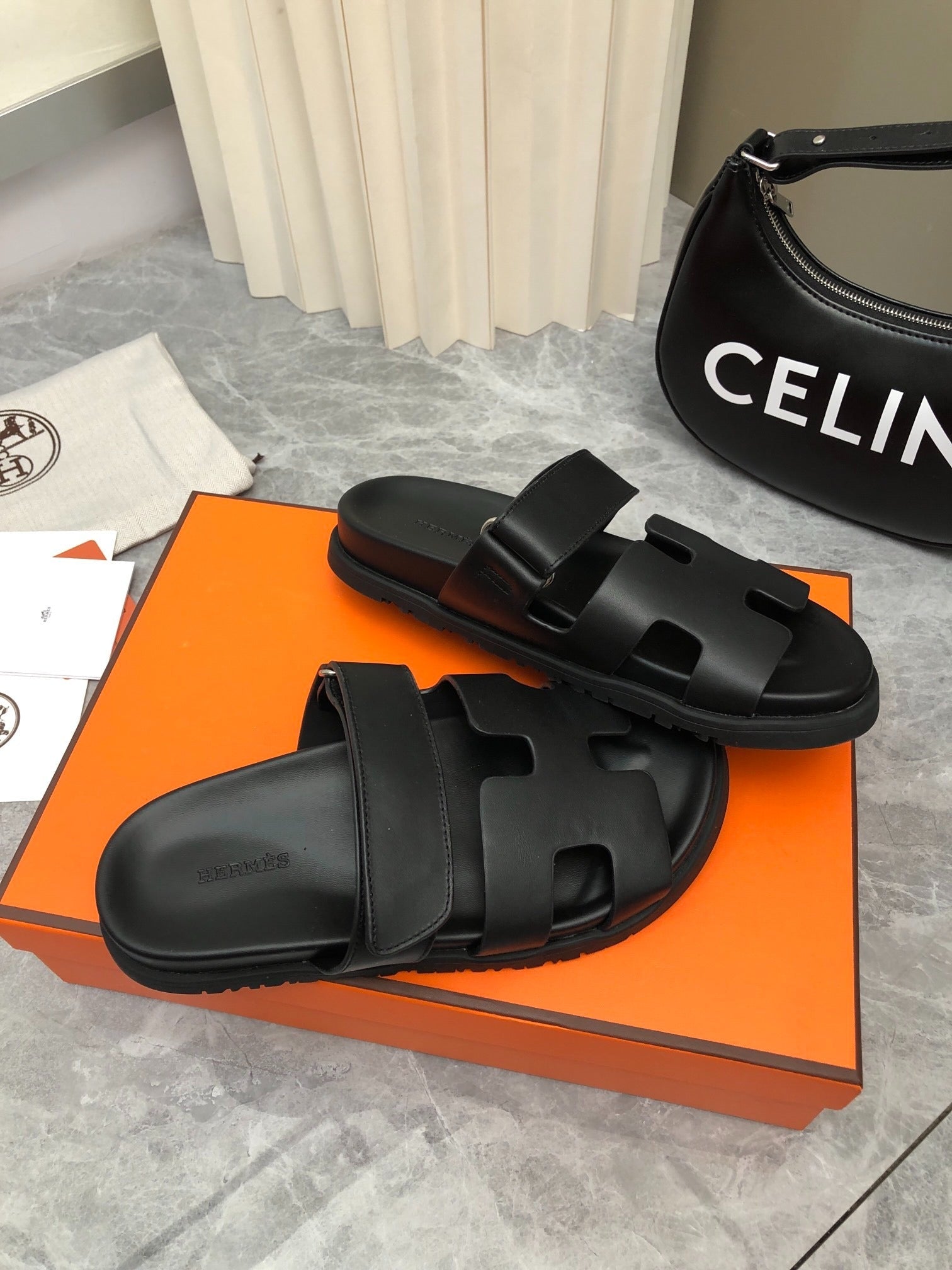 Hermès Chypre Black Leather Sandals with Adjustable Strap