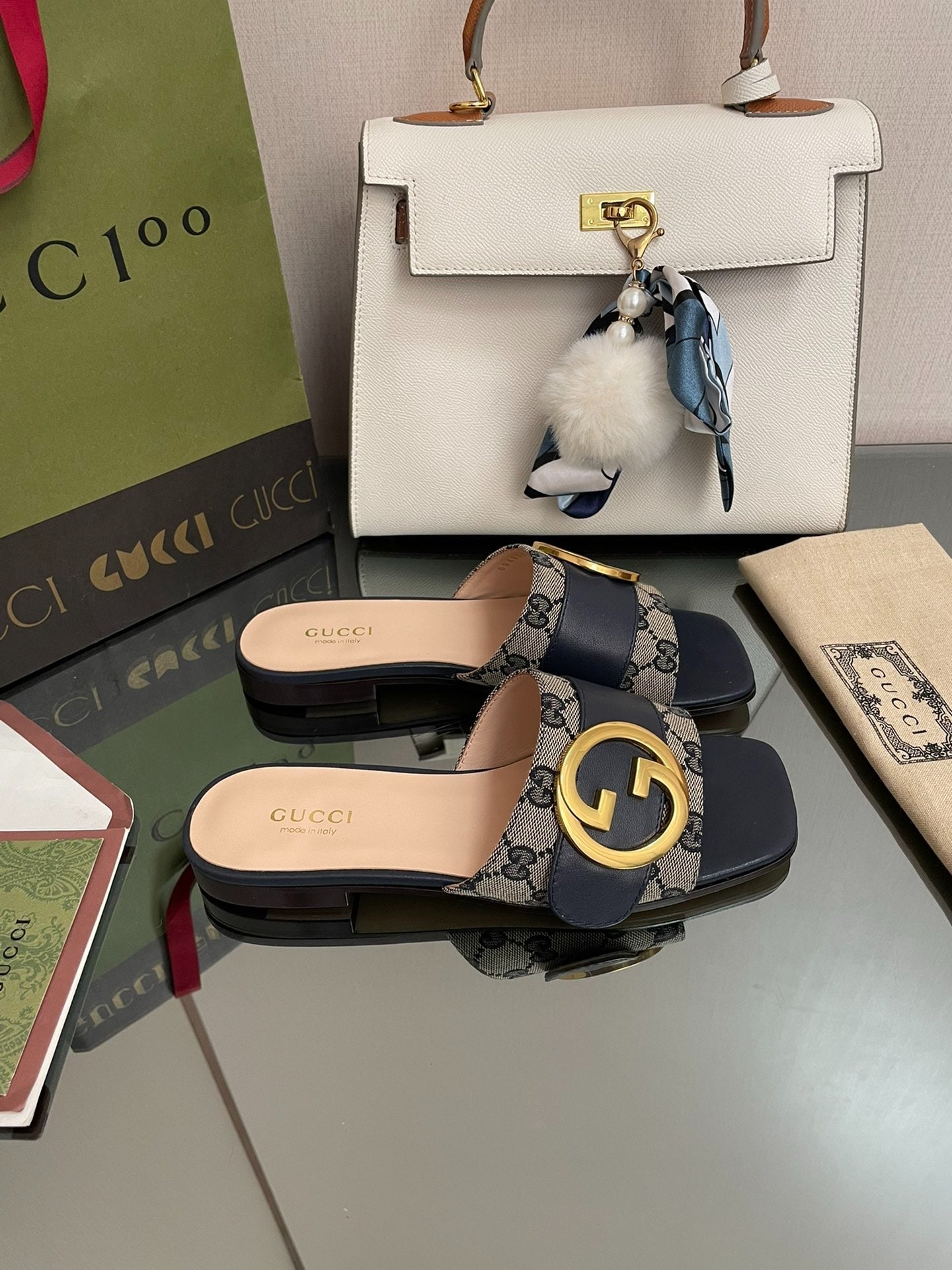 Gucci GG Canvas & Navy Leather Interlocking G Logo Mules