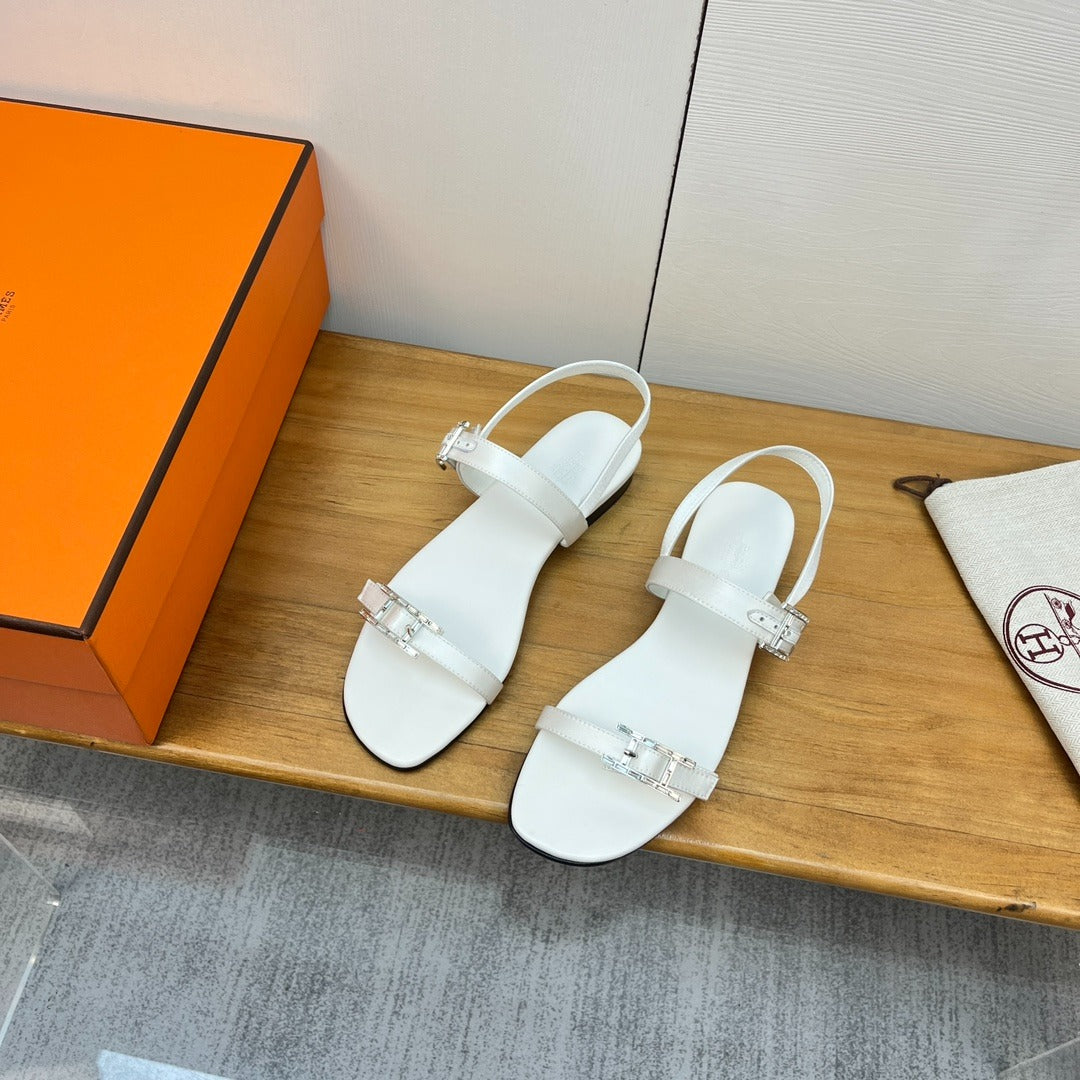 Hermes Oasis White Leather Sandals with Silver Buckles