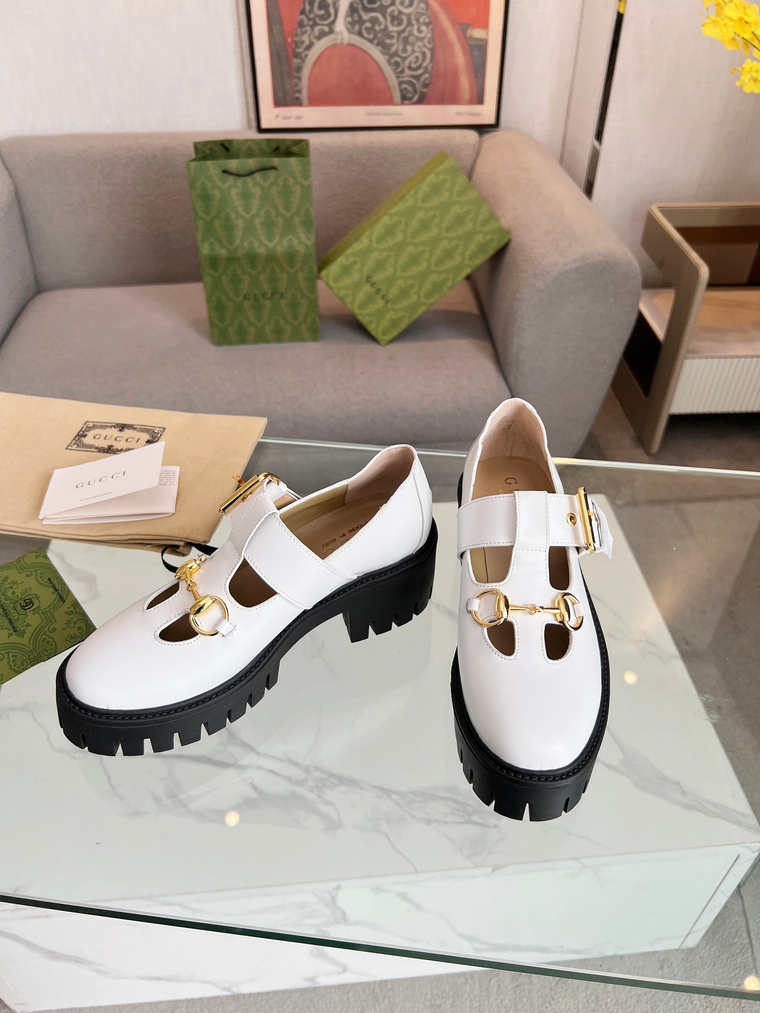 Gucci White Leather Mary Jane Platform Shoes with Horsebit Detail