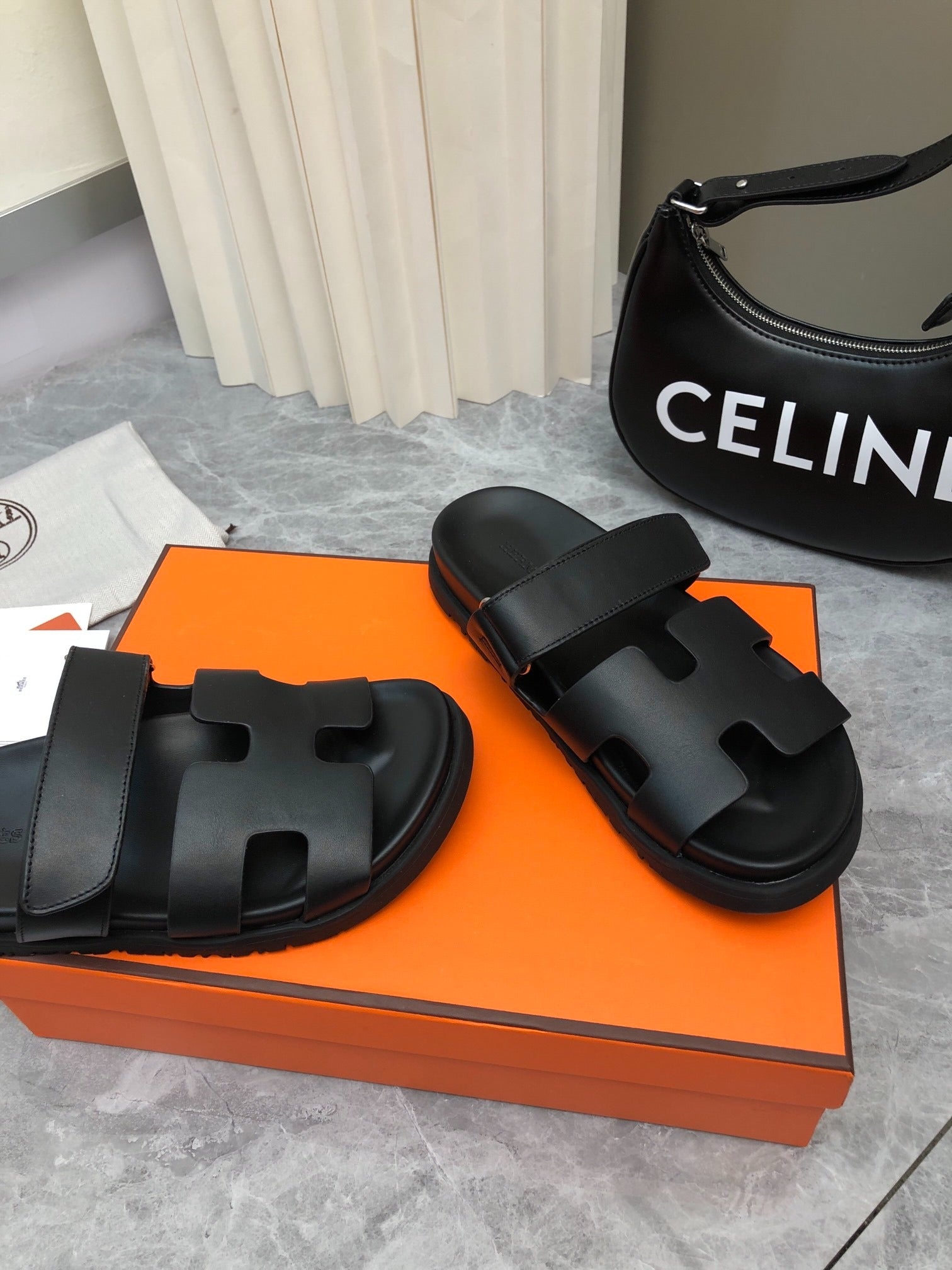 Hermès Chypre Black Leather Sandals with Adjustable Strap