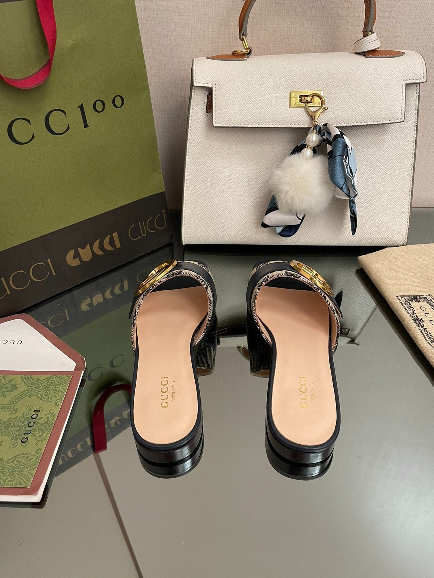 Gucci GG Canvas & Navy Leather Interlocking G Logo Mules