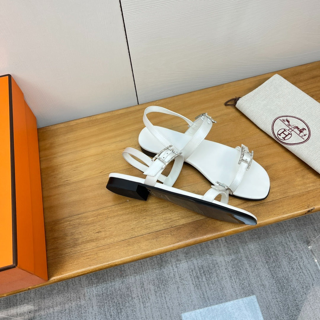 Hermes Oasis White Leather Sandals with Silver Buckles