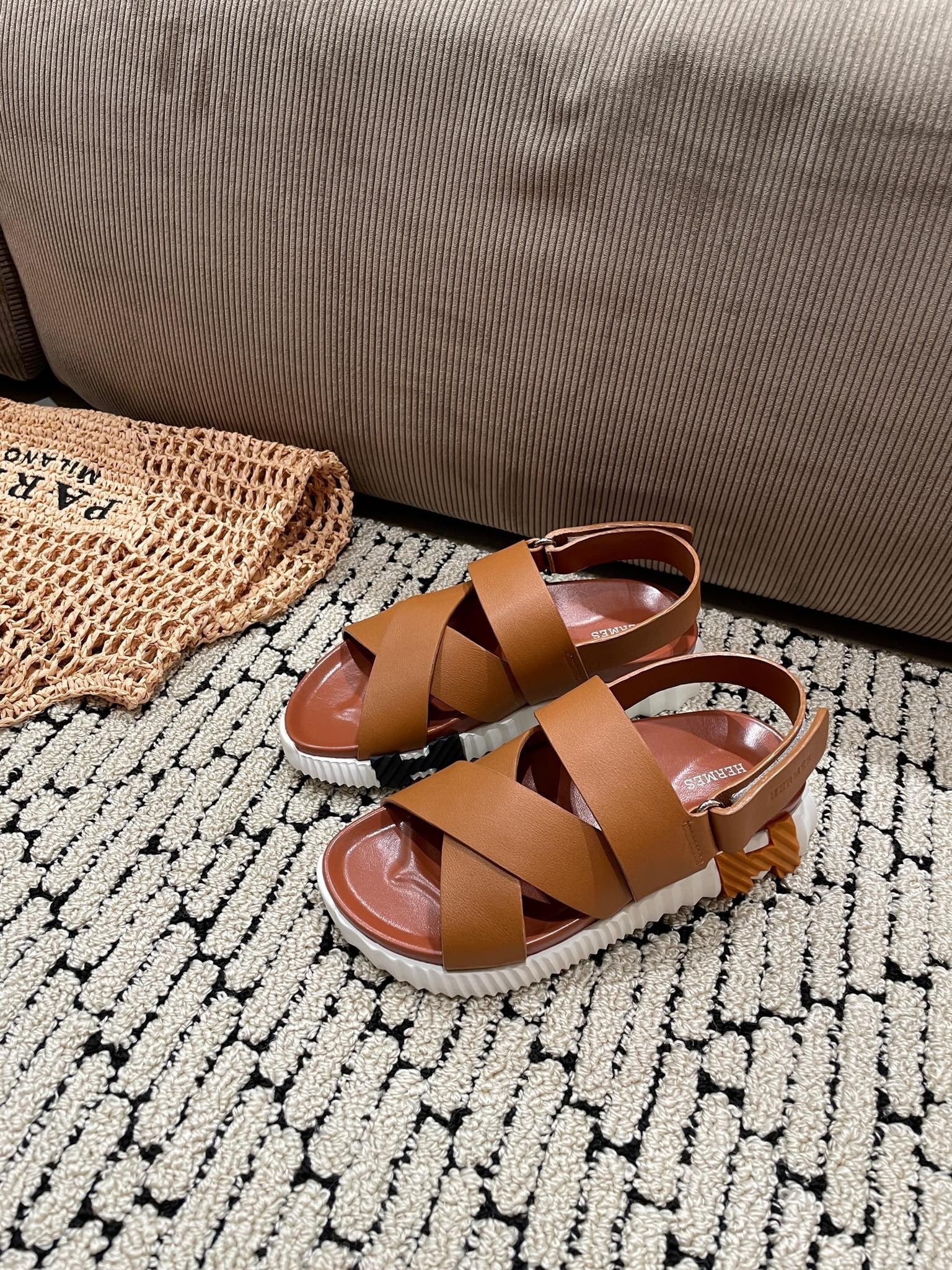 Hermès Tan Leather Cross-Strap Platform Sandals