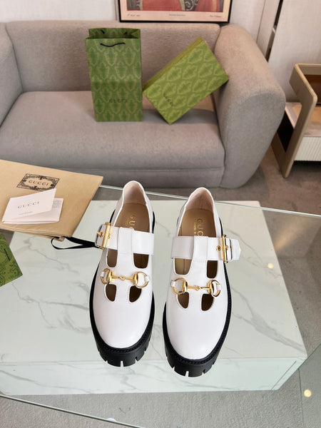 Gucci White Leather Mary Jane Platform Shoes with Horsebit Detail