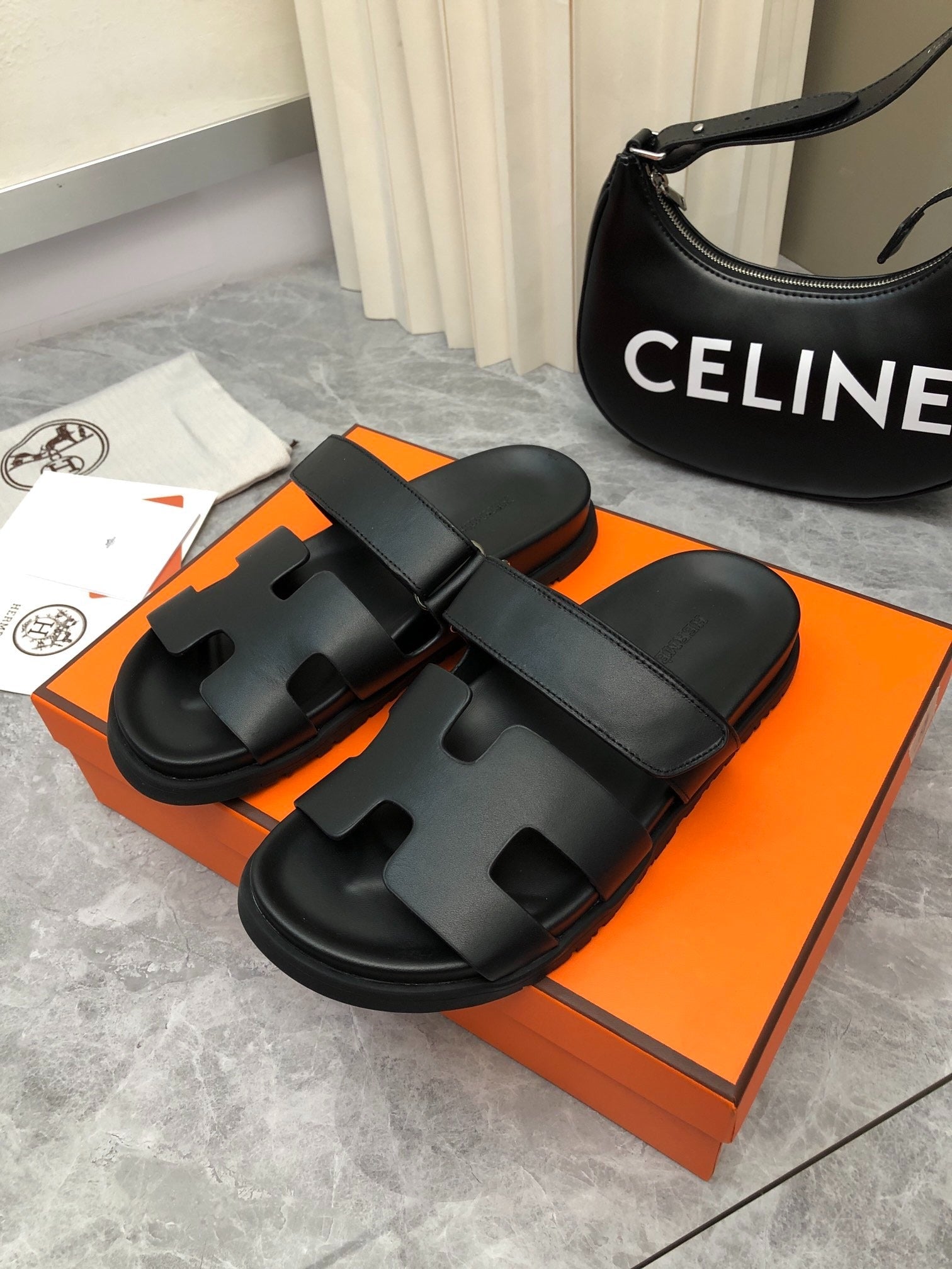 Hermès Chypre Black Leather Sandals with Adjustable Strap