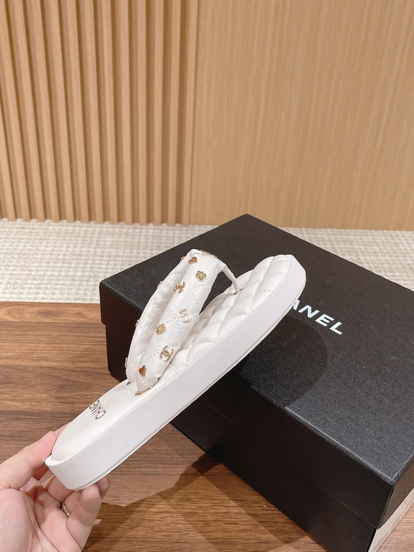 Chanel White Quilted Thong Sandals with Gold CC Charms