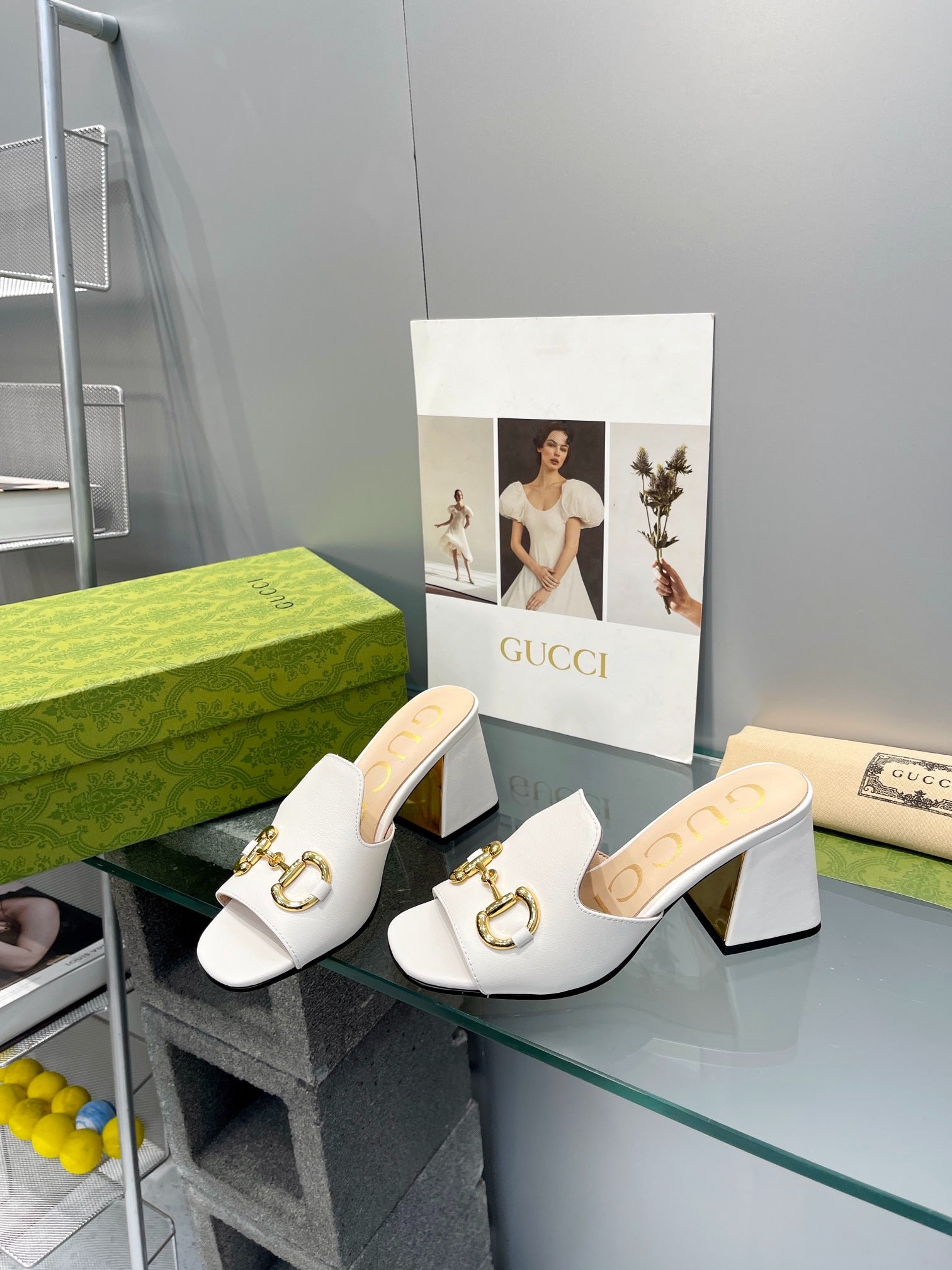 Gucci White Leather Horsebit Block Heel Mules
