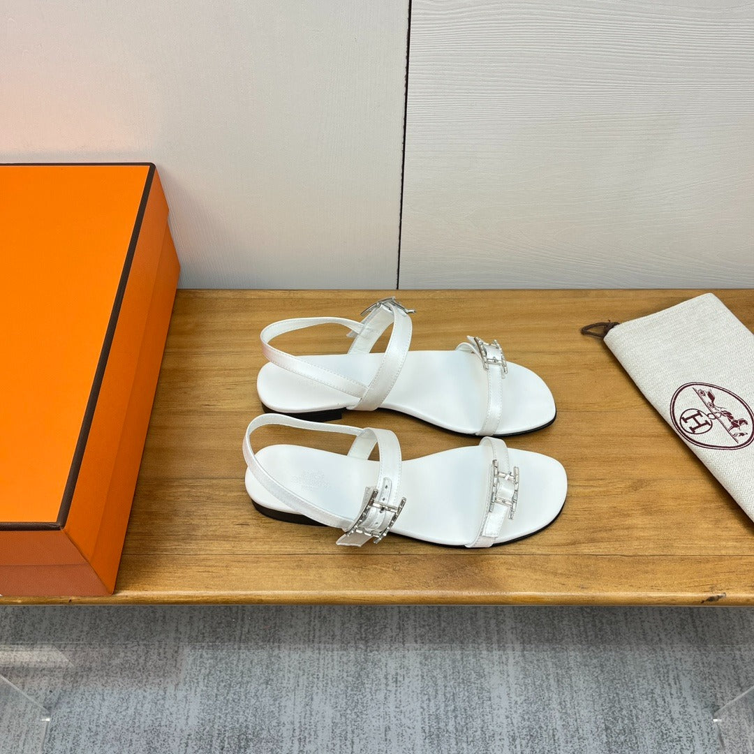 Hermes Oasis White Leather Sandals with Silver Buckles