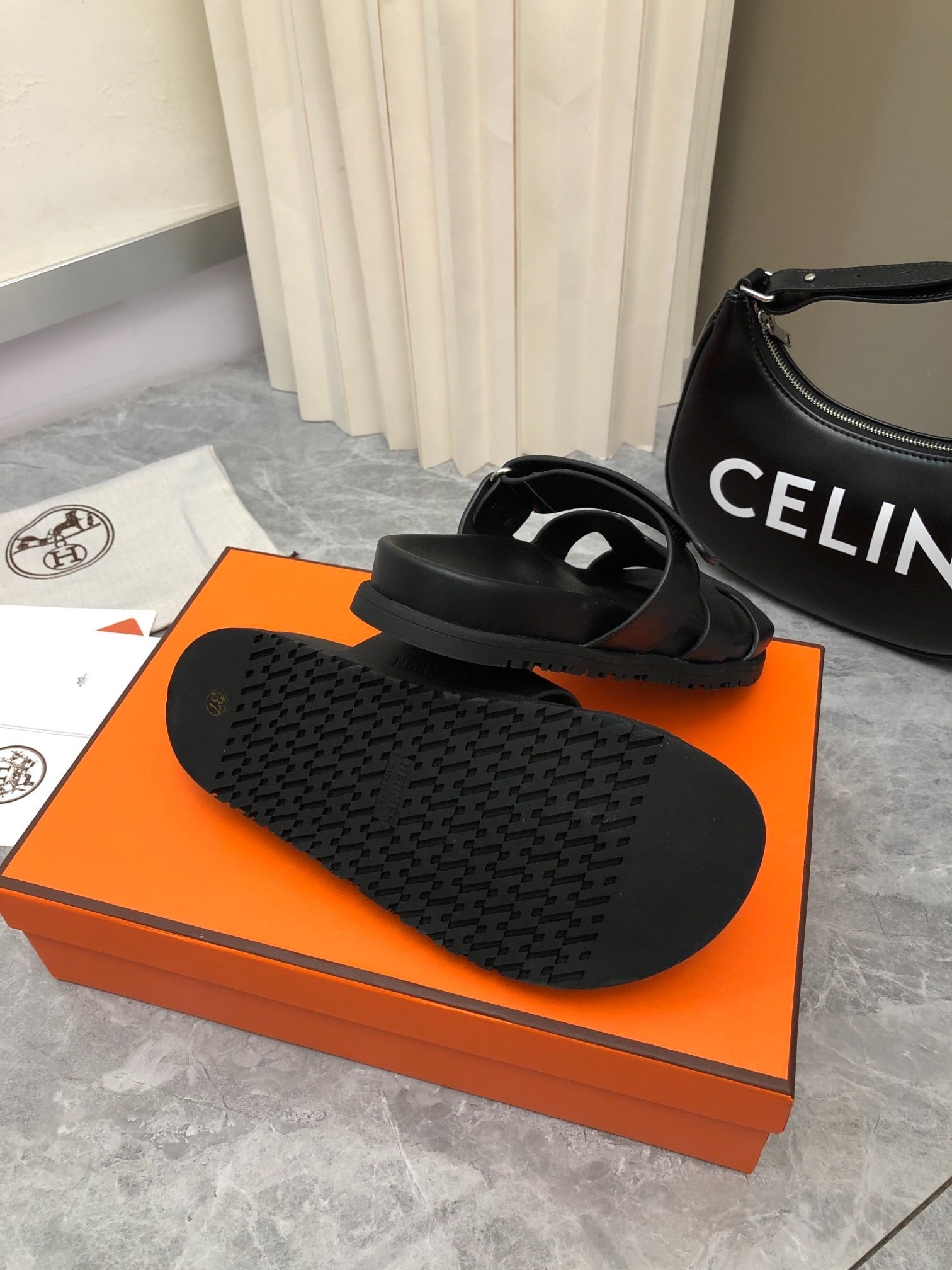 Hermès Chypre Black Leather Sandals with Adjustable Strap