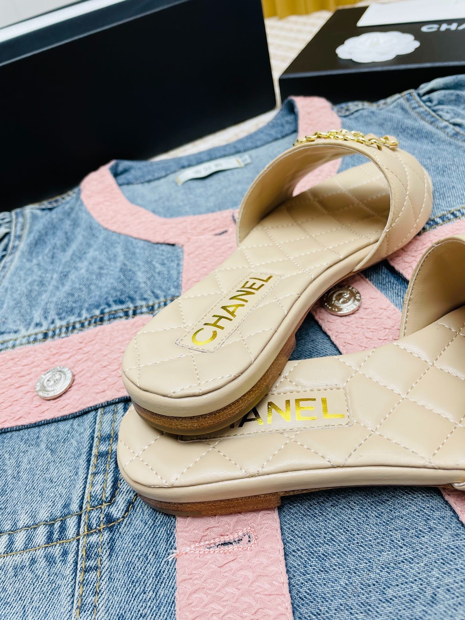 Chanel Beige Quilted Leather CC Logo Slide Sandals
