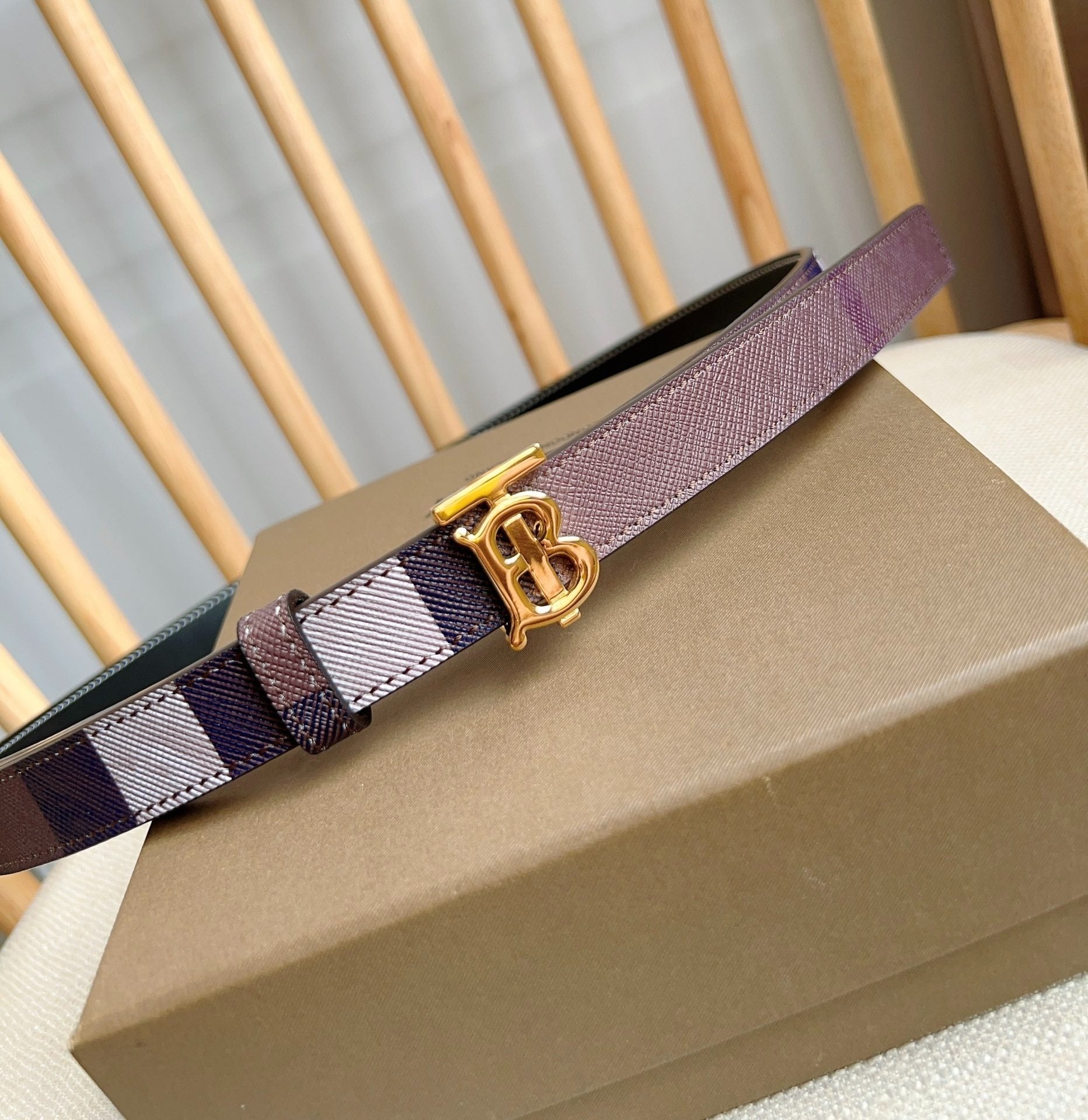 Women's Plaid Pattern Skinny Belt with Initial Buckle