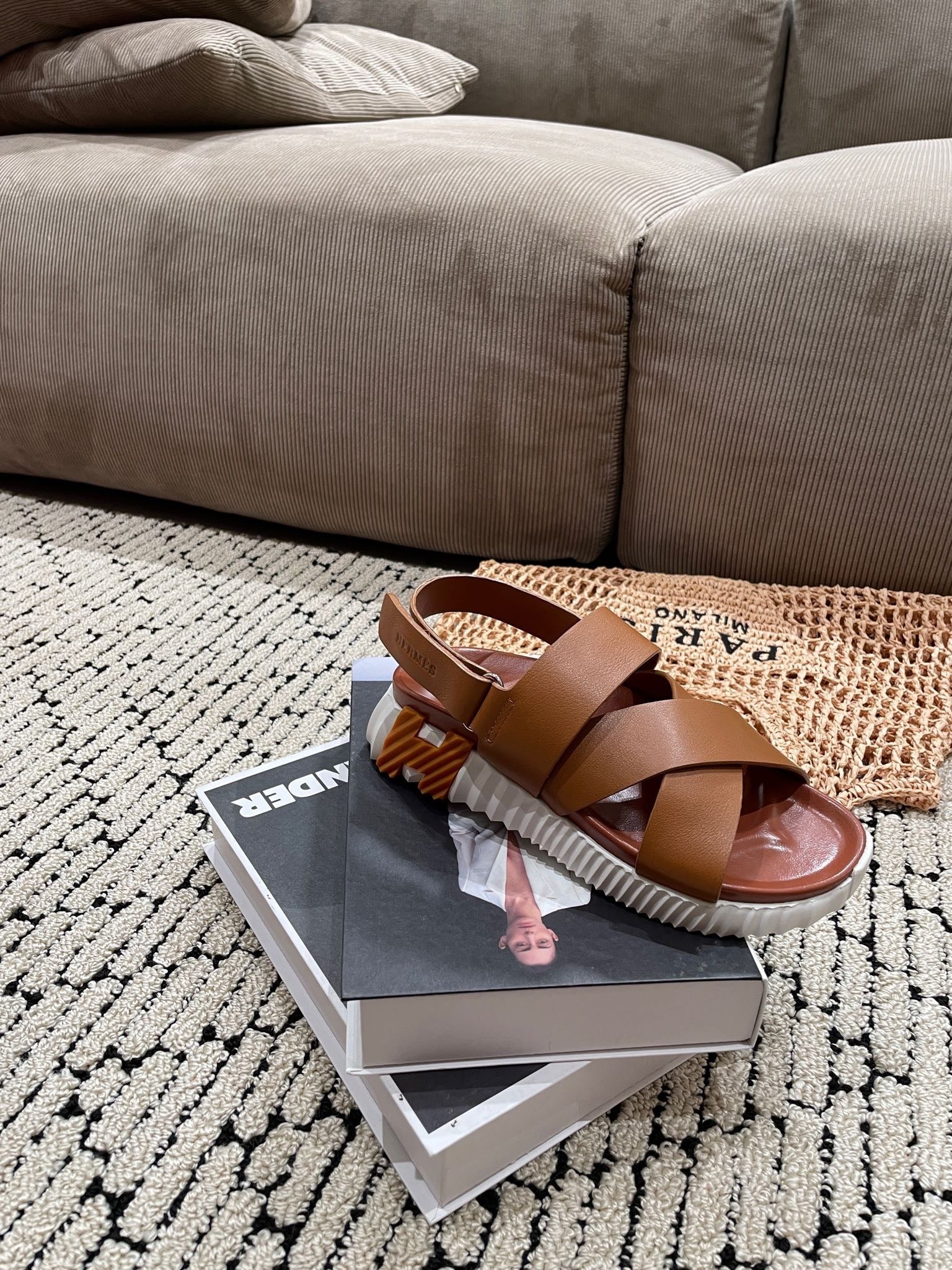 Hermès Tan Leather Cross-Strap Platform Sandals