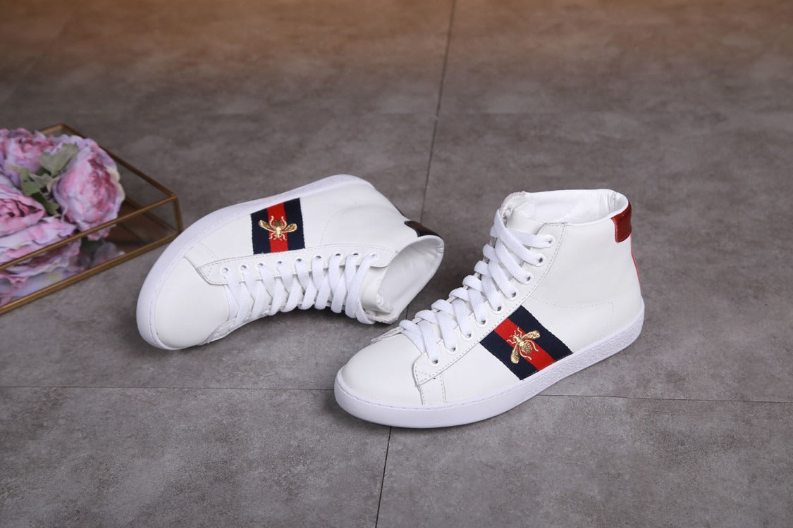 Gucci Ace Bee Stripe White Leather High-Top Sneakers