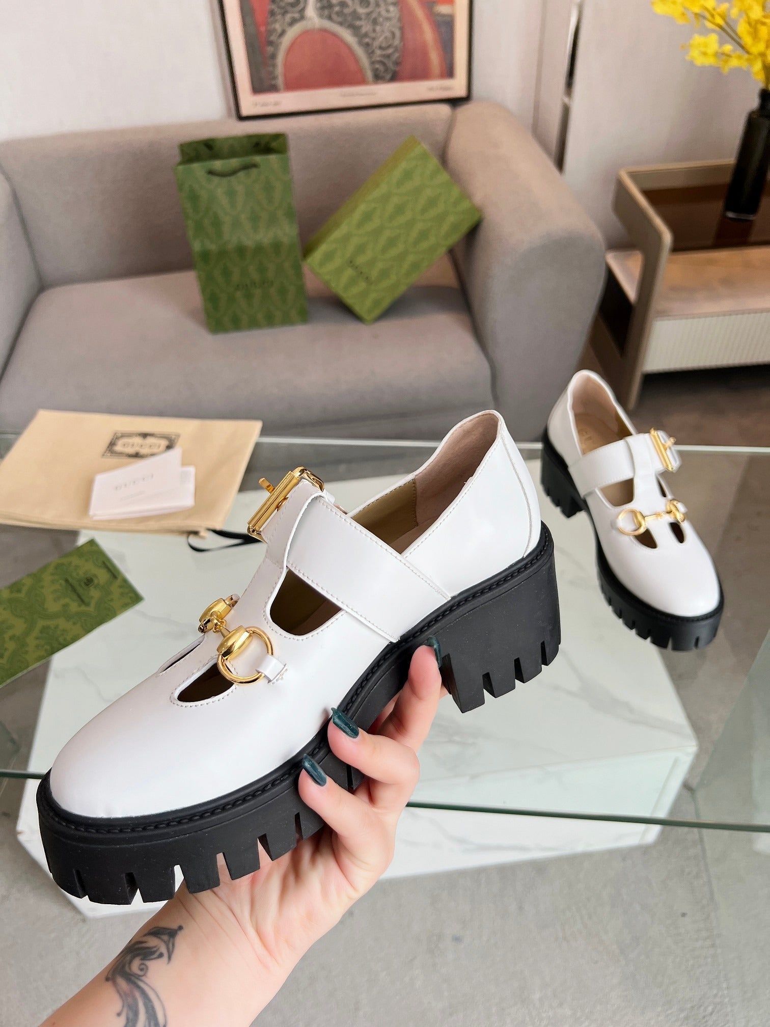Gucci White Leather Mary Jane Platform Shoes with Horsebit Detail