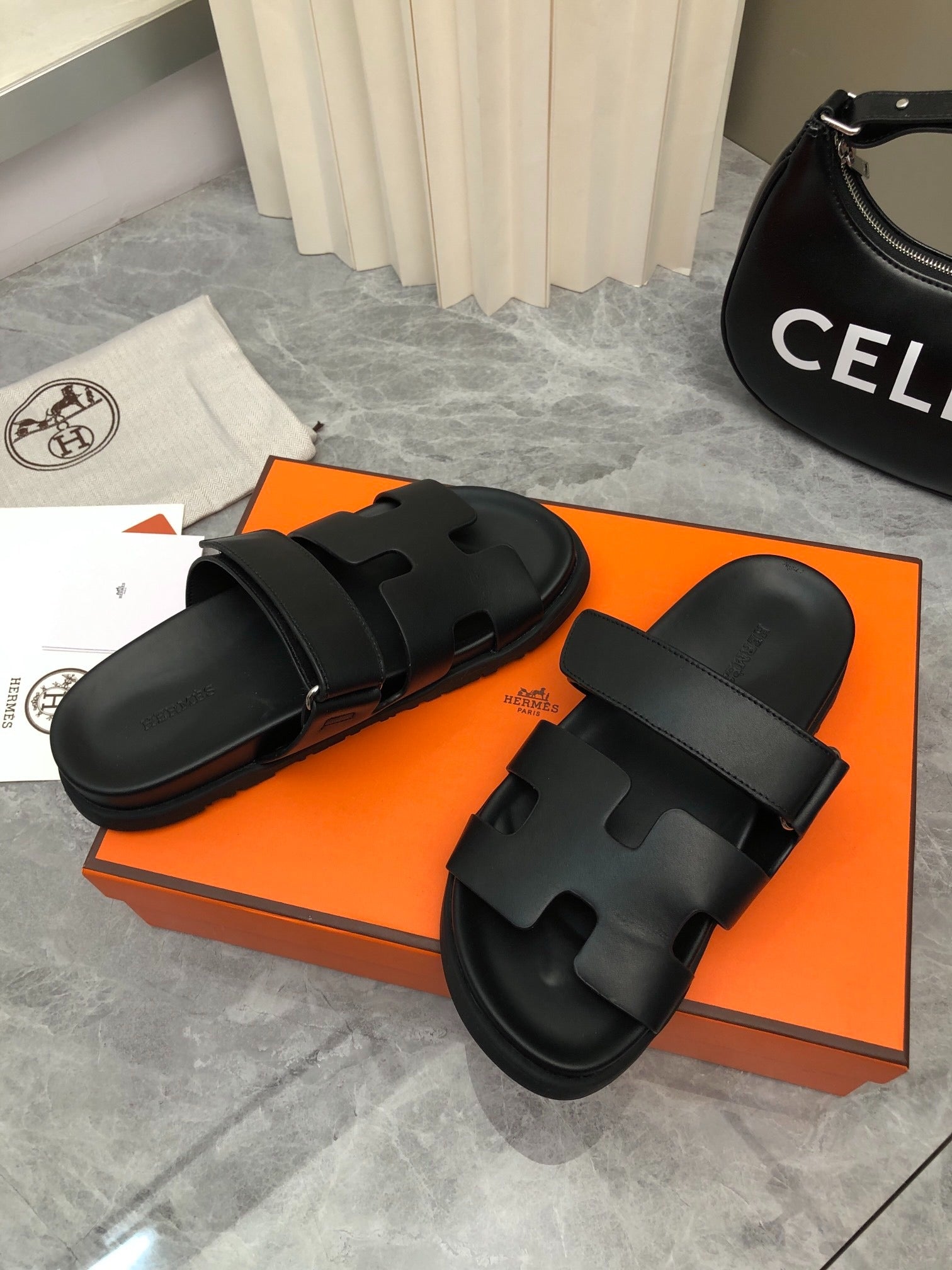 Hermès Chypre Black Leather Sandals with Adjustable Strap