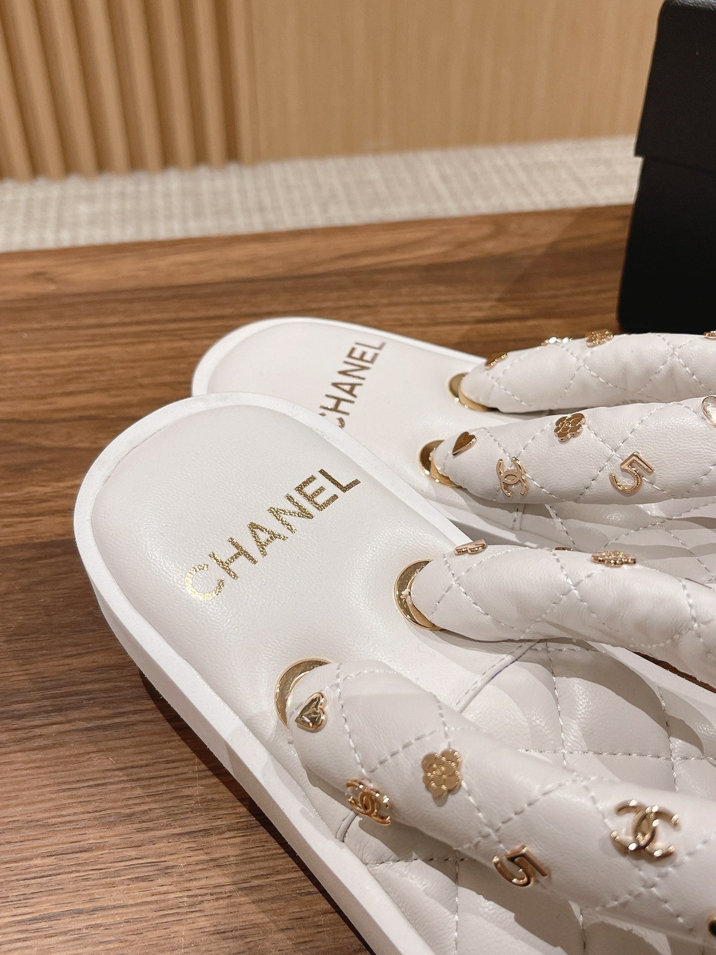 Chanel White Quilted Thong Sandals with Gold CC Charms