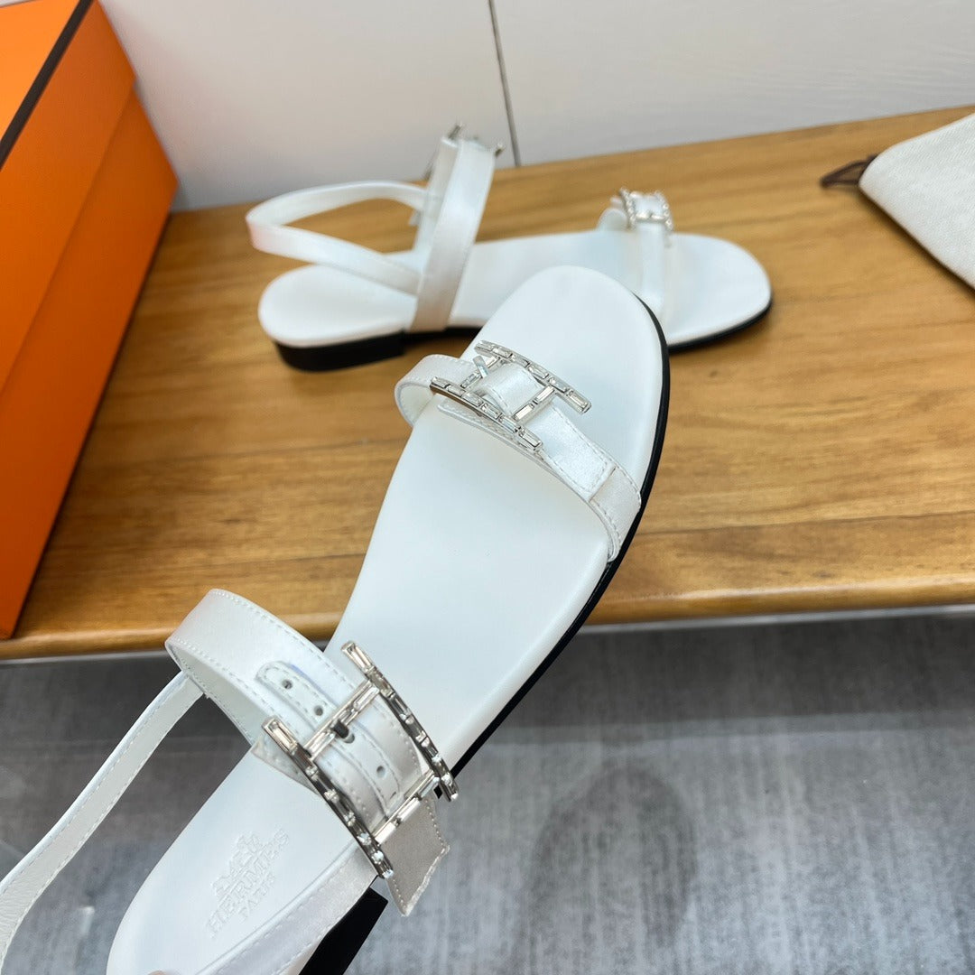 Hermes Oasis White Leather Sandals with Silver Buckles