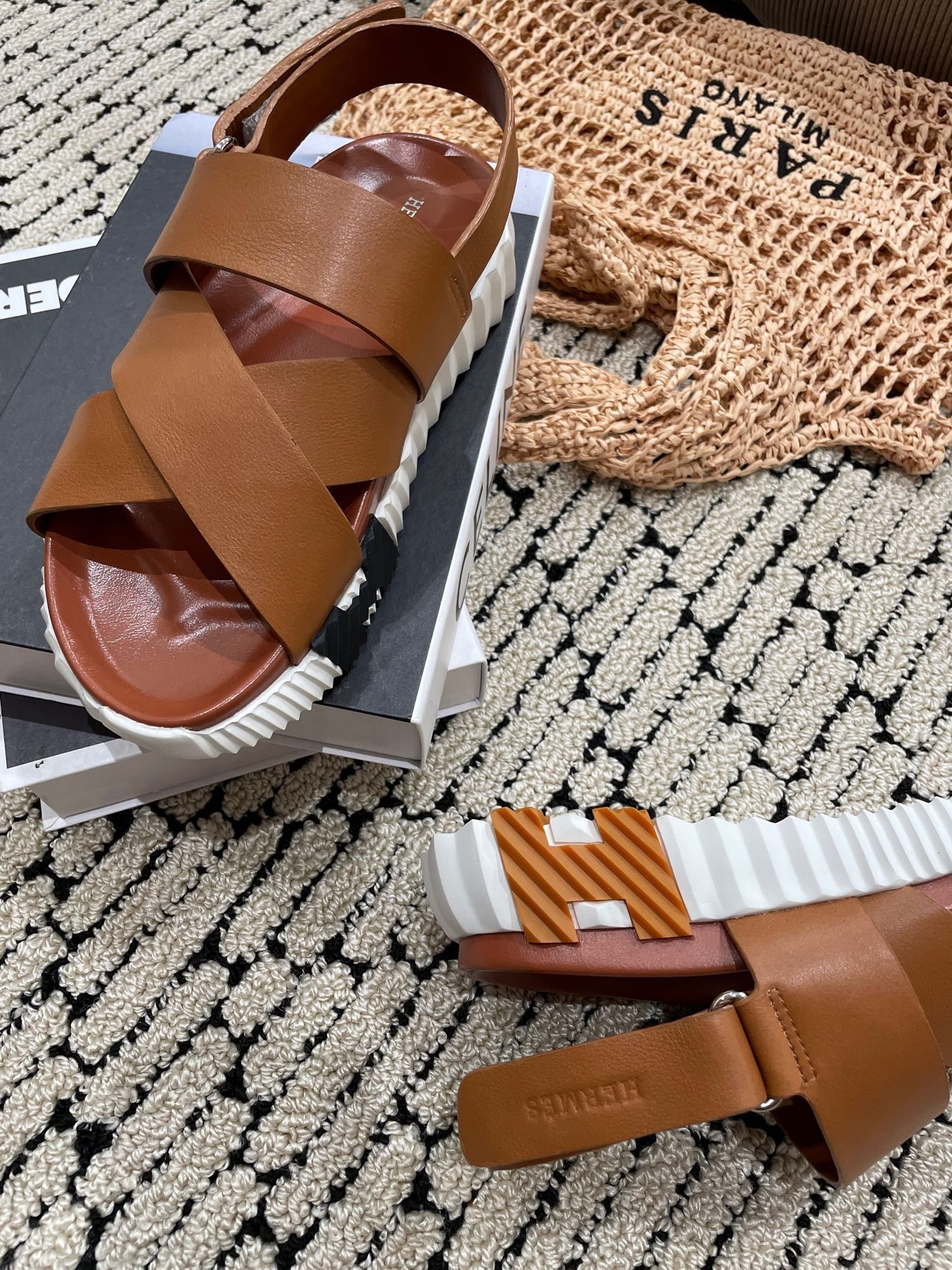 Hermès Tan Leather Cross-Strap Platform Sandals