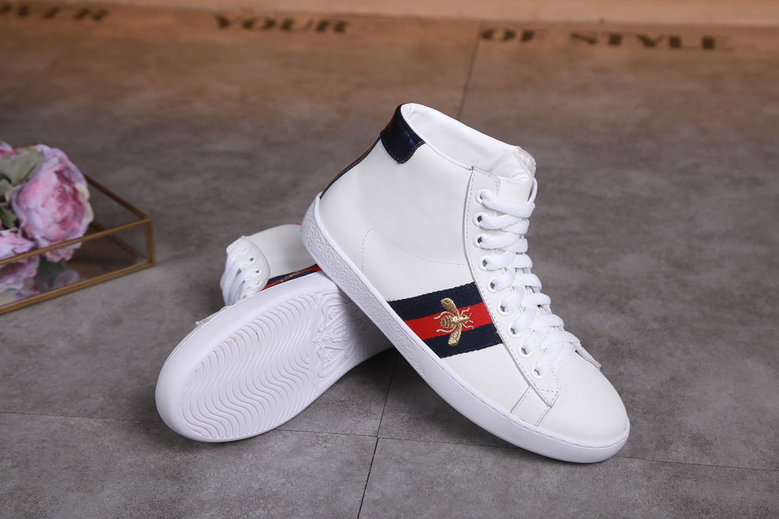 Gucci Ace Bee Stripe White Leather High-Top Sneakers