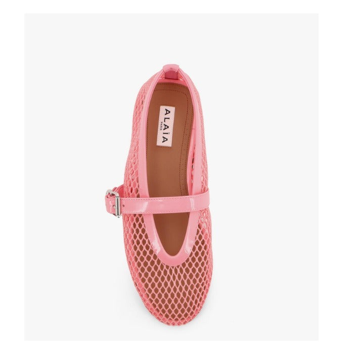 ALAIA BALLET FLATS IN LIGHT PINK MESH FISHNET