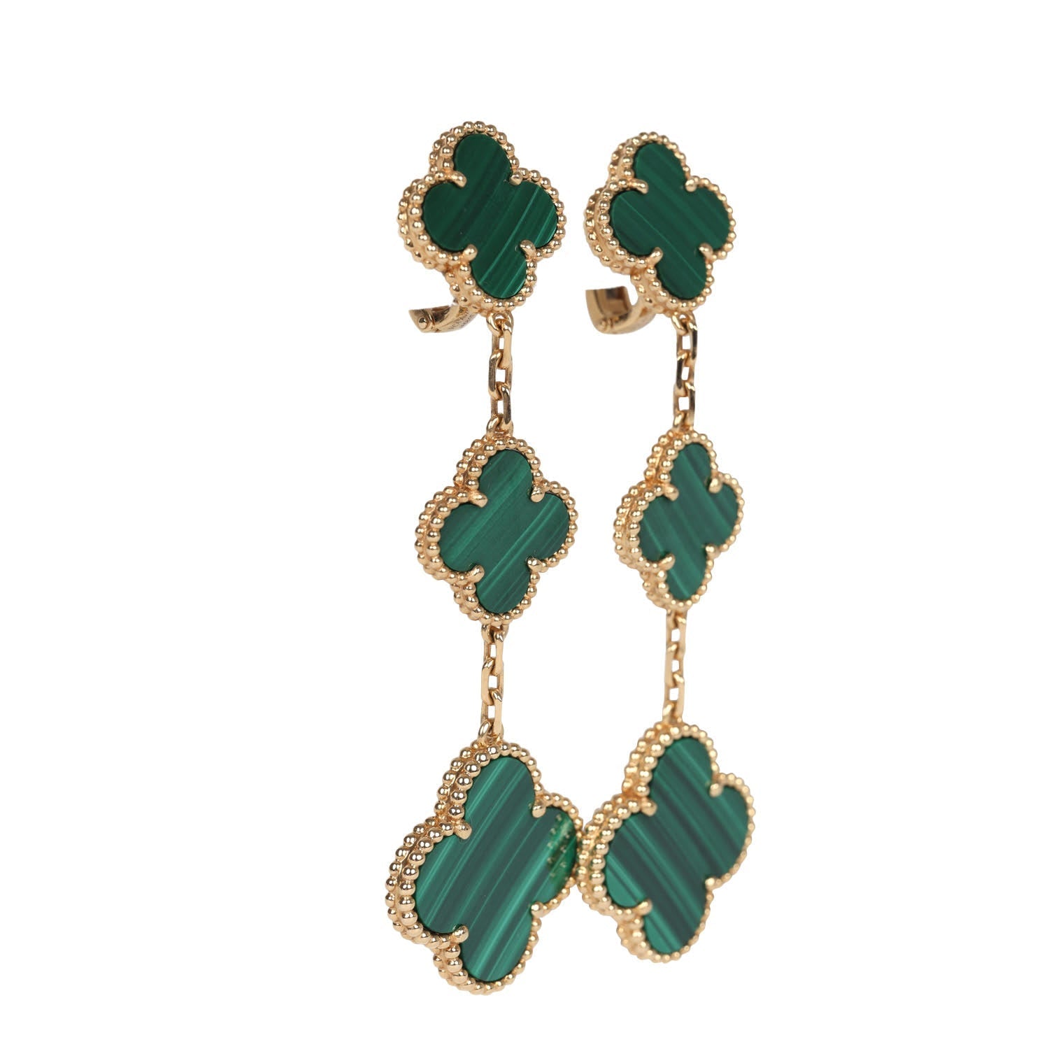 Van Cleef & Arpels Magic Alhambra 3 Motif Earrings Malachite 18K Yellow Gold Hardware